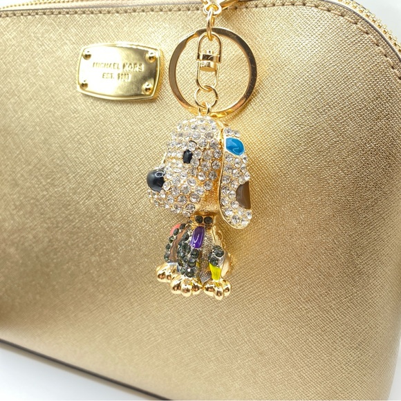 🐶 Puppy Dog Black & White Rhinestone Crystal Bag Charm Keychain Gold-Tone - Picture 4 of 9